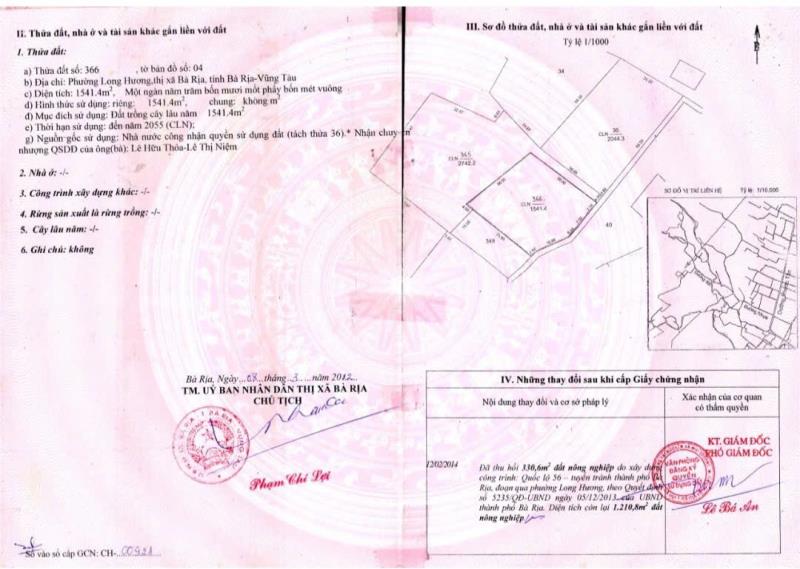 Chính chủ cần vốn làm ăn bán đất p.long hương 1541,4m2  giá chỉ 14 tỷ - lh 0936666466
