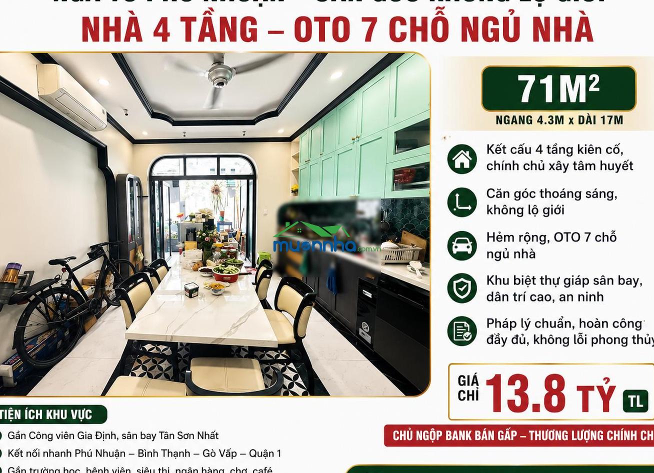 Ngã tư phú nhuận căn góc 71m 4 tầng oto ngủ nhà dt: 4.3 x 17m công - 4