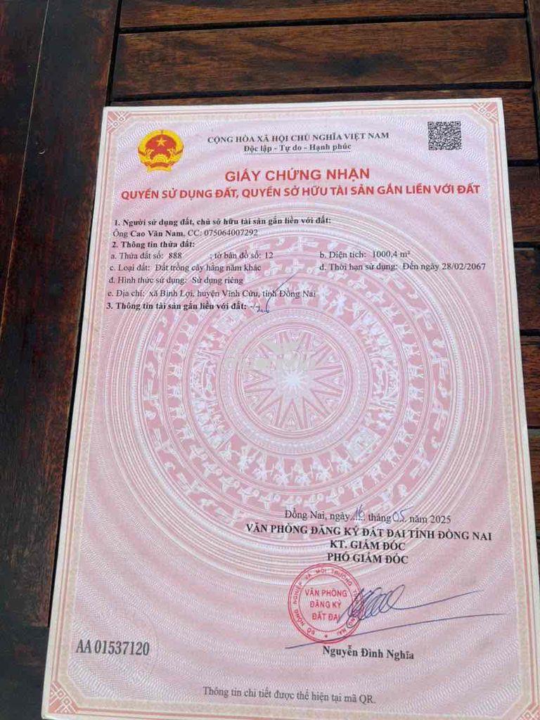 Cần bán gấp lô đất 1000m2 sổ riêng thổ cư, hỗ trợ vay vốn ngân hàng