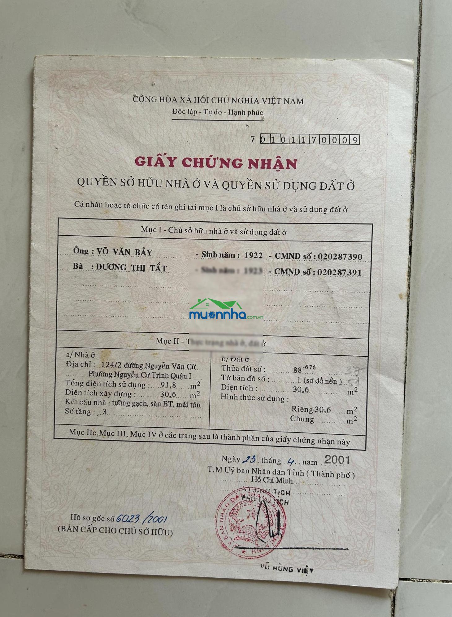 Bán nhà riêng 30,6 m2, số nhà 124/2 nguyễn văn cừ, p. cầu ông lãnh, tphcm. - 2