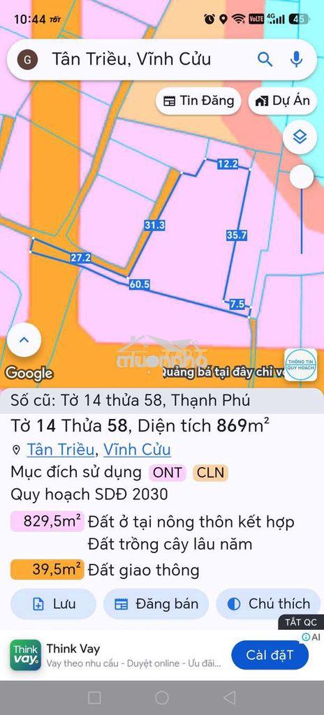 Bán gần 900m2 đất sổ riêng có 283m2 odt tại phường tân triều. 1,55 tỷ