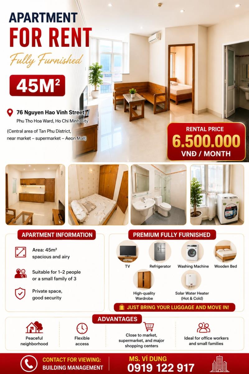 🏠 Cho thuê căn hộ 45m² full nội thất – phú thọ hòa, tân phú