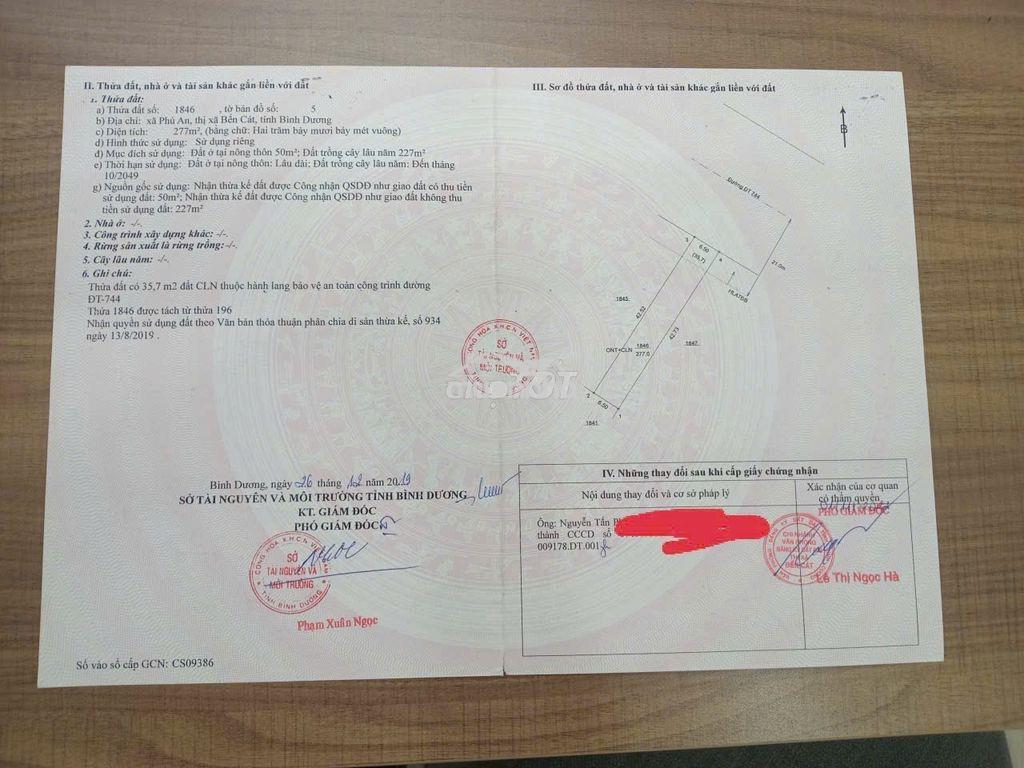 Bán đất đt 744, phú an, bến cát, 4,8tỷ, 277m2(50m2 thổ cư), tặng nhà - 2