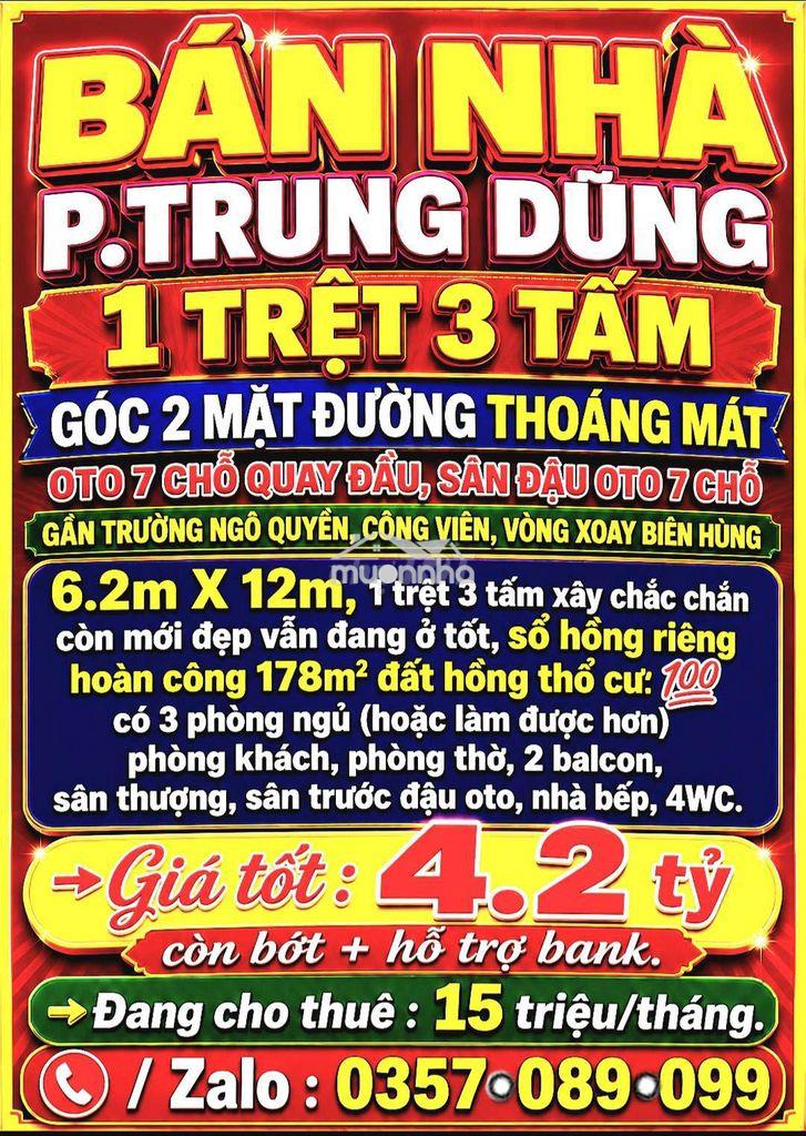 Bán nhà trung dũng, 1 trệt 3 tấm, góc 2 mặt đường oto, sân đậu oto